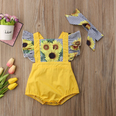 

Newborn Infant Baby Girl Sunflower Bodysuit Romper Headband Outfits Clothes Set