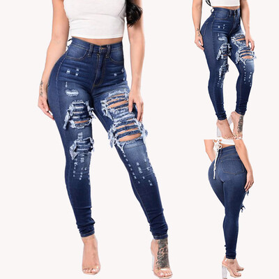 

Tailored Women Slim Washed Ripped Hole Gradient Long Jeans Denim Sexy Regular Pants