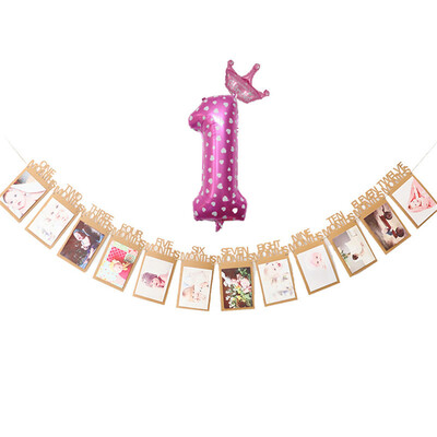 

Toponeto Baby Birthday Party Kraft Paper Photo Frame Pull Flag Decoration Letter Banner