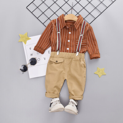 

Autumn Baby Boy Adorable Striped Print Long Sleeve Shirt Blouse Suspenders Trousers Casual Outfits Clothes