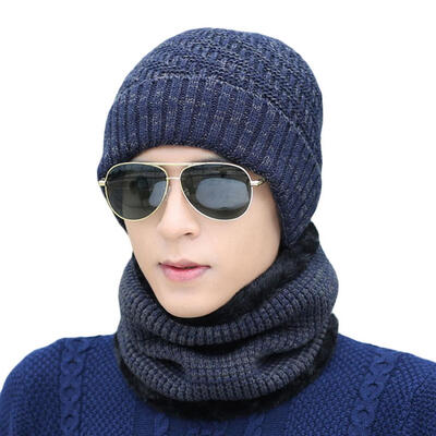 

Men Fashion Crochet Knitted Beanie Winter Warm Hat Caps with Collar Scarf