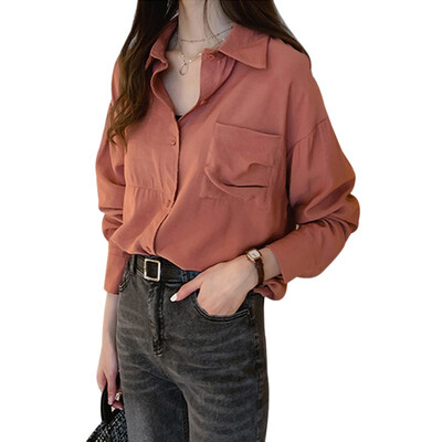 

2019 Women Autumn New Pockets Blouse Korean Fashion Loose Solid Color Long Sleeve Shirts Yellow Plus Size 2XL Femme Blouses