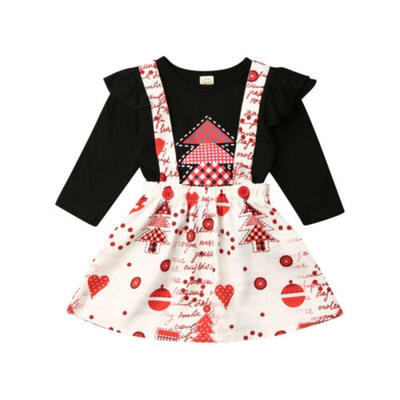 

US Christmas Kids Baby Girls Tops T-Shirt Suspender Skirt Dress 2Pcs Outfits Set