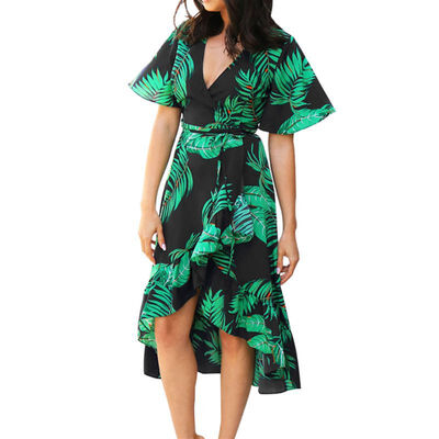 

Womens V Neck A-Line Printed Short Sleeve Irregular Chiffon Maxi Dress