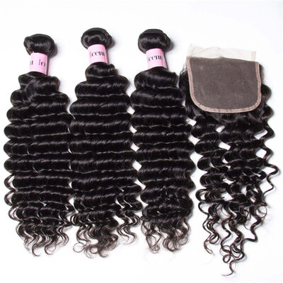 

UNice Hair Icenu Remy Hair Series Brazilian Deep Wave Human Hair 4 Bundles with Lace Closure Free Part Wholesale Bulk