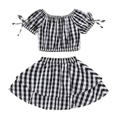 

2pcs Cute Children Clothes Set Kid Girl Plaid Off Shoulder Tops Short Skirt