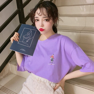 

T shirt Women Loose Round Neck Cartoon Little Girl Letters Print Short Sleeve Harajuku T-Shirt camisetas verano mujer