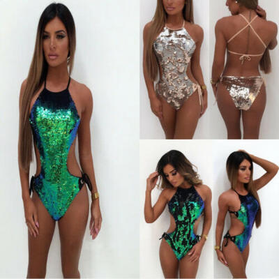 

Womens Sexy Bikini Cross Belt One piece Swimsuit Mermaid Beach Sequin Swimwear
