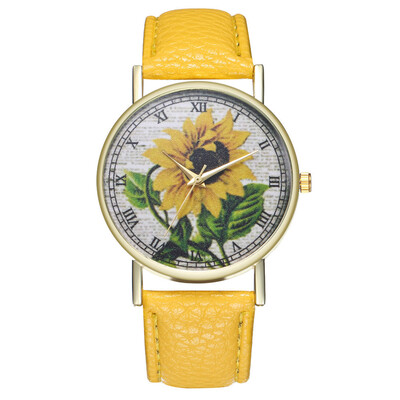

Simple Luxury PU Leather Watches Quartz Wrist Watches Sunflower Painting Women Ladies Couple Watch Clock Jewelry &Ff