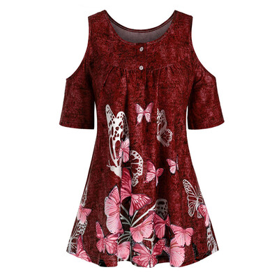 

Roseonmyhand Plus Size Fashion Women Butterfly Printed O-Neck Short Sleeve T-Shirt Tops