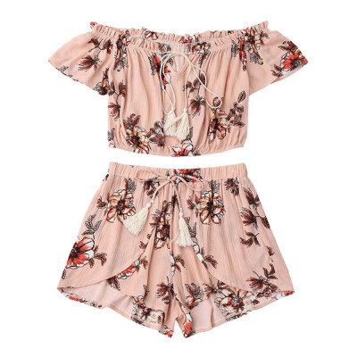 

Roseonmyhand Casual Two Piece Set Women Off Shoulder Printed Beachwear Crop Tops Set