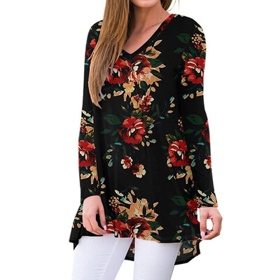 

Tailored Fashion Women Casual V-Neck Print Blouse Long Sleeve Irregular Loose Tops