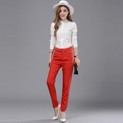 

New Fashion Women Solid Pants Press Stud Closure Slant Pocket Lady Causal Loose Trousers RedBlack
