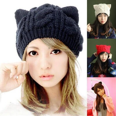 

USA Womens Devil Horns Cat Ear Solid Hat Warm Wool Winter Beanie Ski Cap Hats