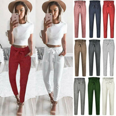 

Women Tartan Plaid High Waist Trousers Ladies Striped Slim Fit Long Pencil Pants
