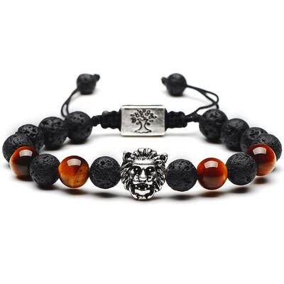 

Fashion Square Lion Head Energy Bracelet Natural Stone Tiger Black Lava Stone Beads Bracelet For Men Women Yoga Jewelry