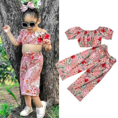 

Baby Girls Summer Clothes Floral Off Shoulder Short Sleeve Short Tops Capri-pants Casual Outfits Set