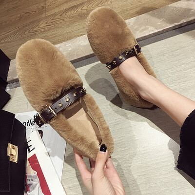 

Single-shoe Female Autumn-style Korean version 100-band buckled fur shoes with round head fashion ins riveted flat-soled bread sho