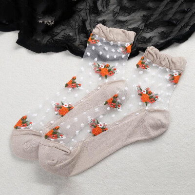 

1 Pair Women Socks Transparent Crystal Silk Socks Rose Flower Elastic Short Socks