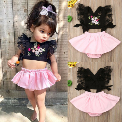 

2Pcs Baby Girls Sleeveless Floral T-shirt Skirt Set Kids Summer Dress Outfit