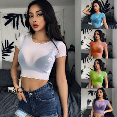 

Hot Women Sheer Mesh Fish Net Short Sleeve See Crop Top T-Shirt Blouse  M L
