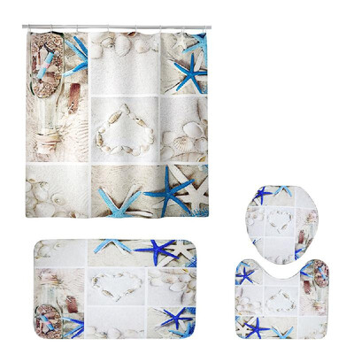 

4Pcs 3D Digital Printing Mats Bath Mat Shower Curtain Toilet Cover Pedestal Mat Summer Turtle Octopus Starfish Pattern Mats Kit
