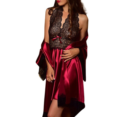 

Toponeto 2pcs Women Sexy Satin Lace Sleepwear Babydoll Lingerie Nightdress Pajamas Set