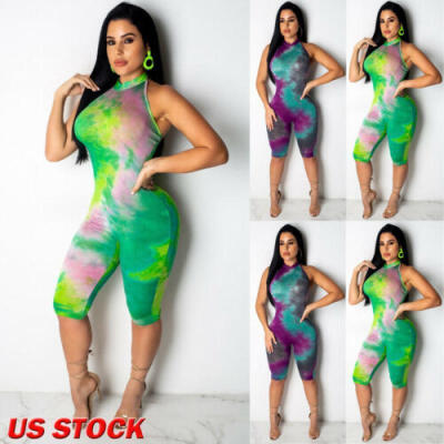 

Womens Casual Sleeveless Short Bodycon Jumpsuit Halter Dye Romper Playsuit Pants