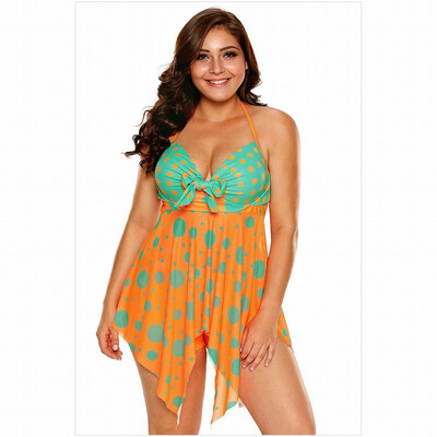 

Dotted tube top hanging neck with asymmetric high waist flat angle split swimsuit