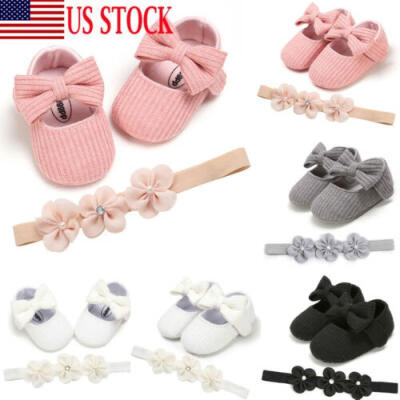 

Baby Newborn Girls Crib Shoes Bowknot Soft Sole Prewalker Dress ShoesHeadband