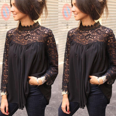 

Ladies Women Lace Patchwork Office Top Blouse High Neck Casual Loose T-Shirt Tee