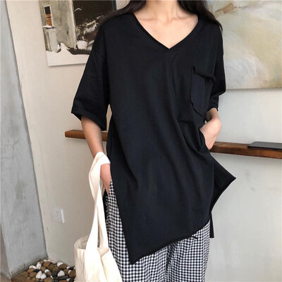 

Casual Simple Solid Color T-Shirt Summer New Pocket Side Slit Loose Pullover Fashion T Shirt Women V Neck Half Sleeve Tops