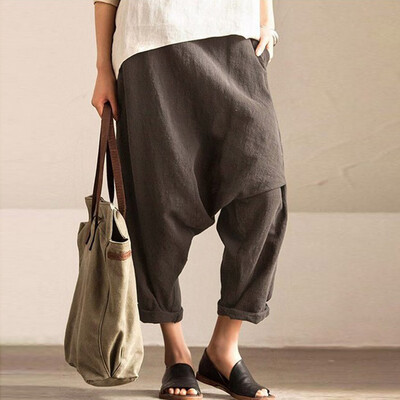 

Tailored Women Casual Loose Solid Pockets Pant Linen Haren Elastic Waist Pants