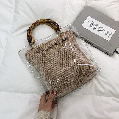 

Bamboo Handle Straw Weave Handbag Womens Bags 2019 Letter Printed Clear Messenger Shoulder Bag Summer Handbags Tote T30