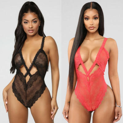 

Women Sexy One Piece Lingerie Bodysuit Sleepwear Lace Floral See-through Teddies