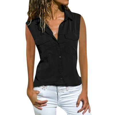 

Starmoon Women Casual Solid Sleeveless Turn Down Collar Pockets Button Front Shirt Tops