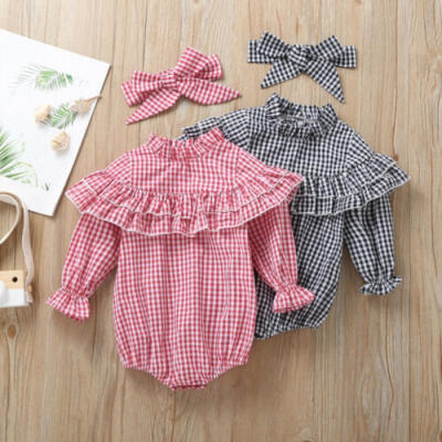 

2PCS Newborn Baby Girl Long Sleeve Plaids Romper Bodysuit Jumpsuit Ruffle Outfit