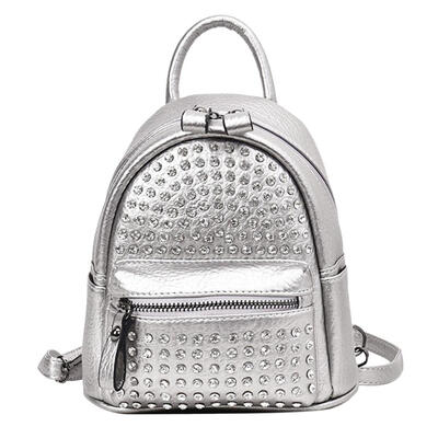 

Rivet Rhinestone Backpack Women Leather Messenger Vertical Square Knapsack