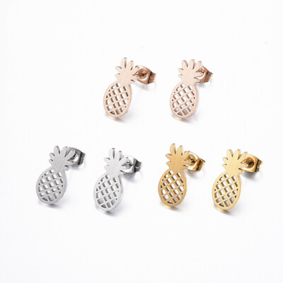 

304 Stainless Steel Stud Earrings Hollow Pineapple Mixed Color 16x75x15mm Pin 08mm