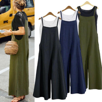 

Womens Casual Loose Linen Pants Cotton Jumpsuit Strap Harem Trousers Overalls