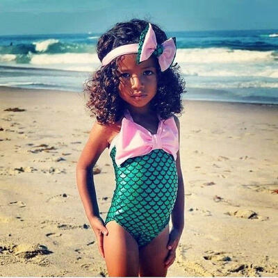 

2016 New Arrival Summer Green Girls Kids Mermaid Swimmable Bikini Set Swimwear Bow Headband Swimsuit Three´ Years