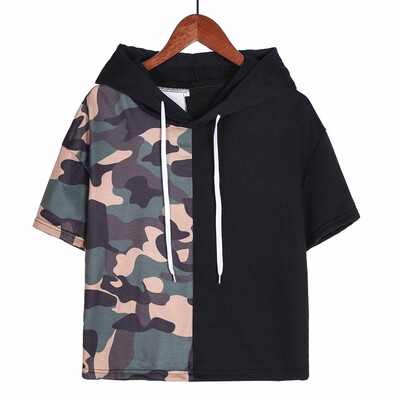 

Nomeni Fashion Women Camouflage Patchwork Short Sleeve Hooded Casual Tops Blouse