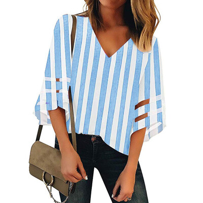 

Starmoon Womens V Neck Striped Mesh Panel Blouse 34 Bell Sleeve Casual Loose Top Shirt