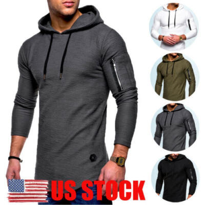 

US Mens Muscle Hoodie Tank Top Bodybuilding Gym Workout Long Sleeve Vest T-shirt