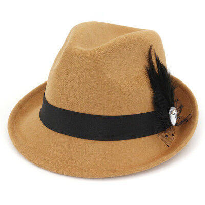 

6 Colors Men Hard Felt Feather Trilby Jazz Hat Woolen Pork Pie Hat