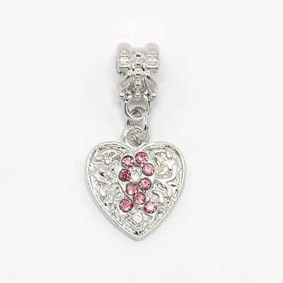 

Platinum Tone Alloy Rhinestone European Dangle Beads Heart Pendant with Breast Cancer Sign Rose 28x14x2mm Hole 5mm