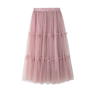 

Lady Women Elastic Mesh Tulle Pleated Dress A Line High Waist Long Maxi Skirt