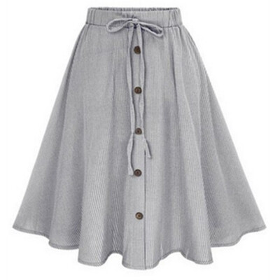 

Women Button Front Loose Swing Skirts Elastic High Waist Casual Midi Skirt Dress