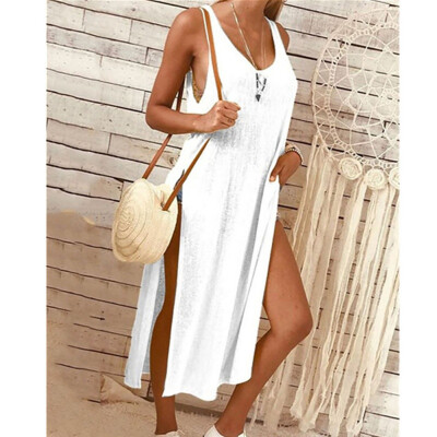 

Womens V-Neck Side Slit Loose Sleeveless Solid Midi Dress