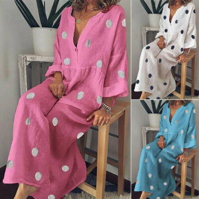 

Boho Women Summer Holiday Polka Dot Maxi Dress V-neck Long Shirt Dress Plus Size